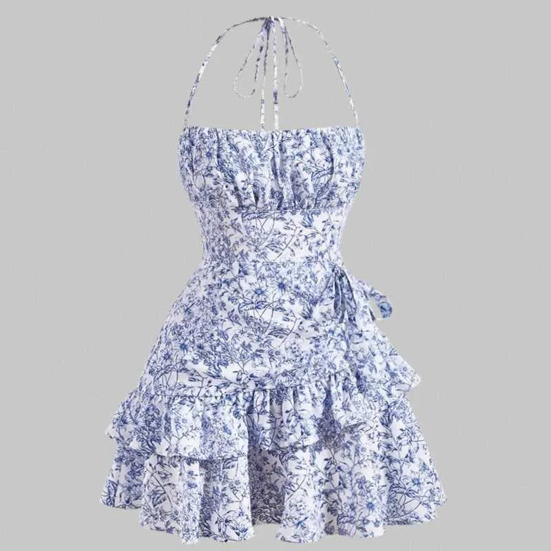 Blue Zone Planet |  Lissa's Floral Print Halter Neck Ruffle Mini Dress