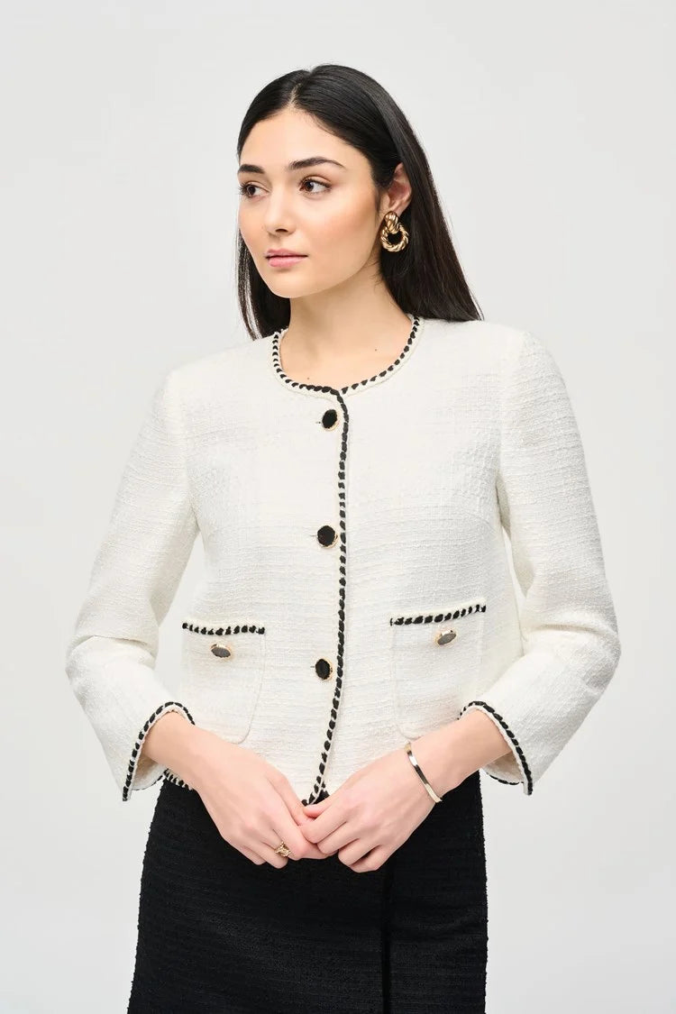 Bouclé Jacket With Contrast Trim - Winter White and Black