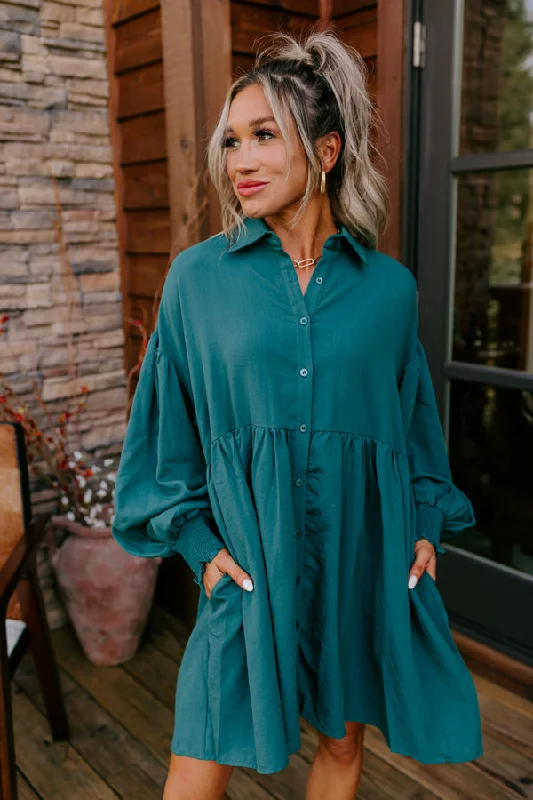 Cafe Patio Button Down Mini Dress in Hunter Green