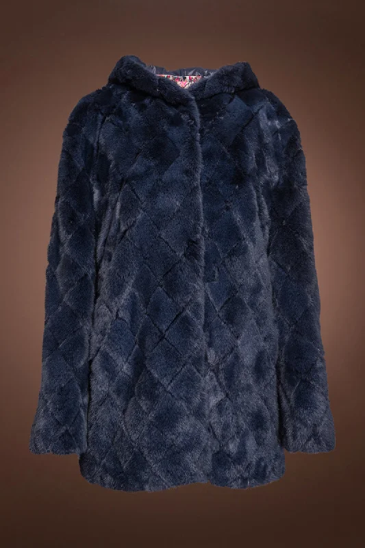 Hooded Diamond Pattern Denim Blue Mink Fur Jacket