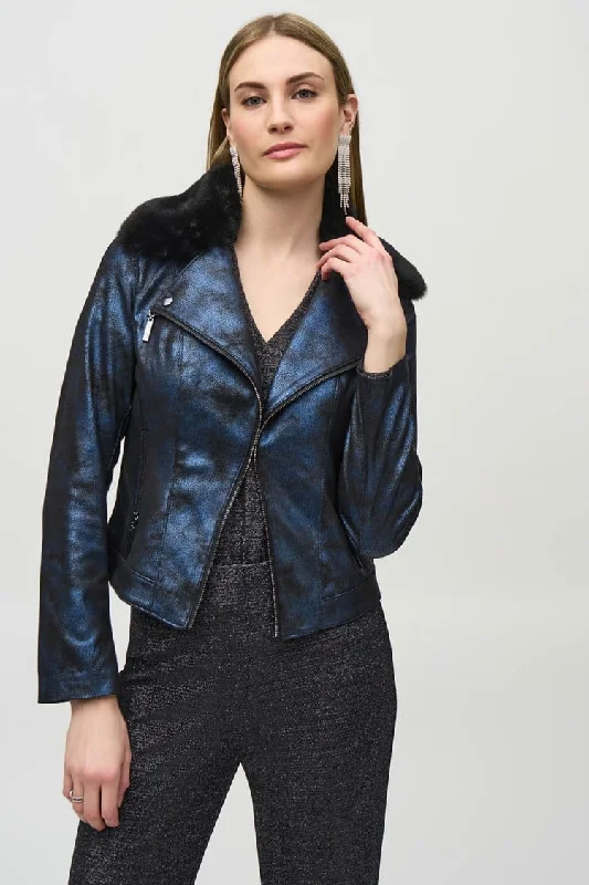 Foiled Suede Jacket with Faux-Fur Collar - Blue and Black