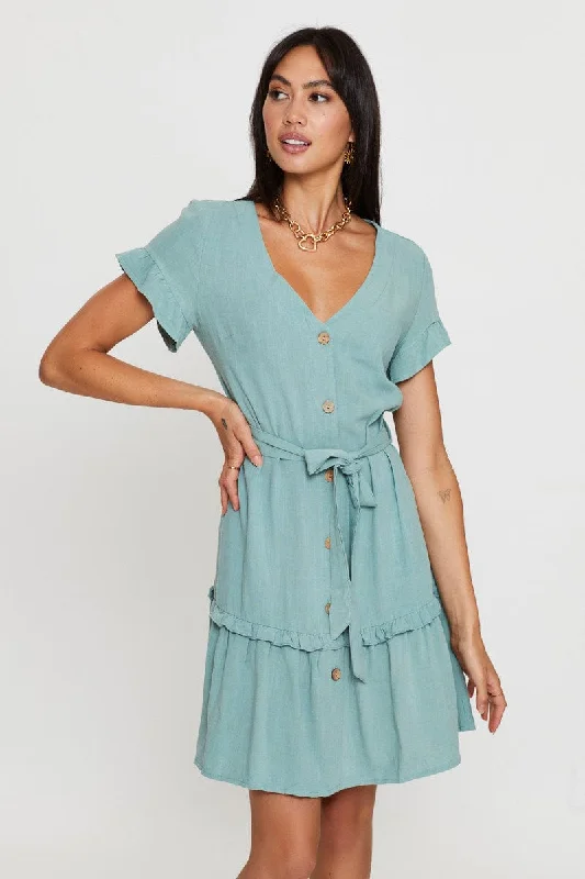 Green Mini Dress Short Sleeve V Neck