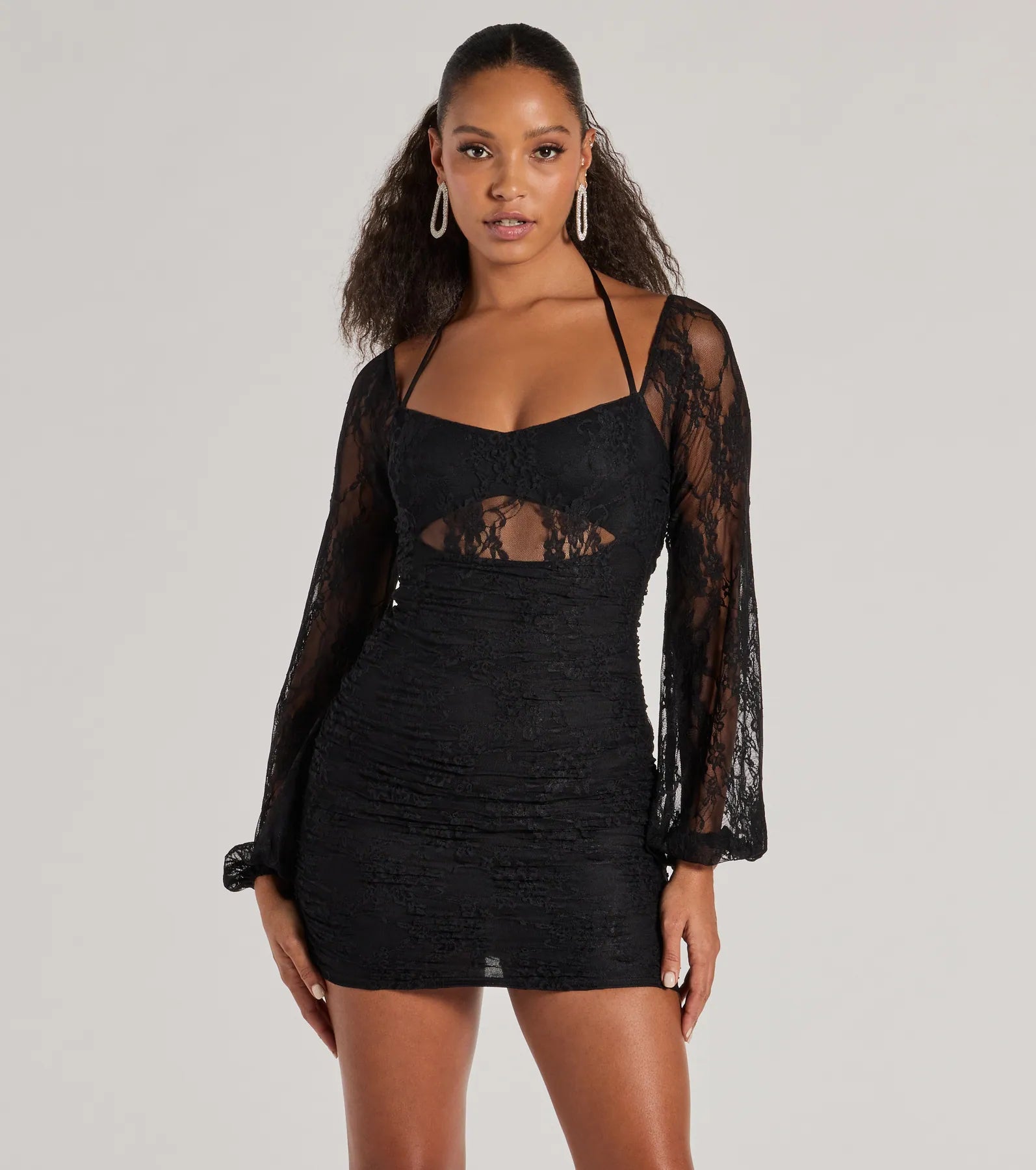 Here To Allure Sheer Lace Long Sleeve Mini Dress