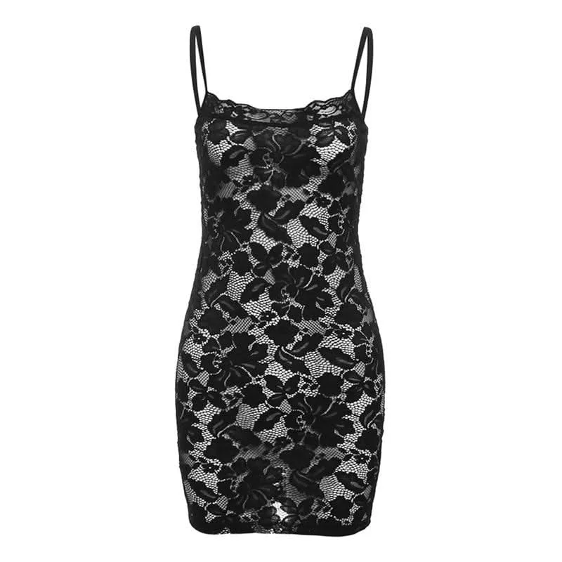 Lace hollow out see through u neck cami cut out mini dress