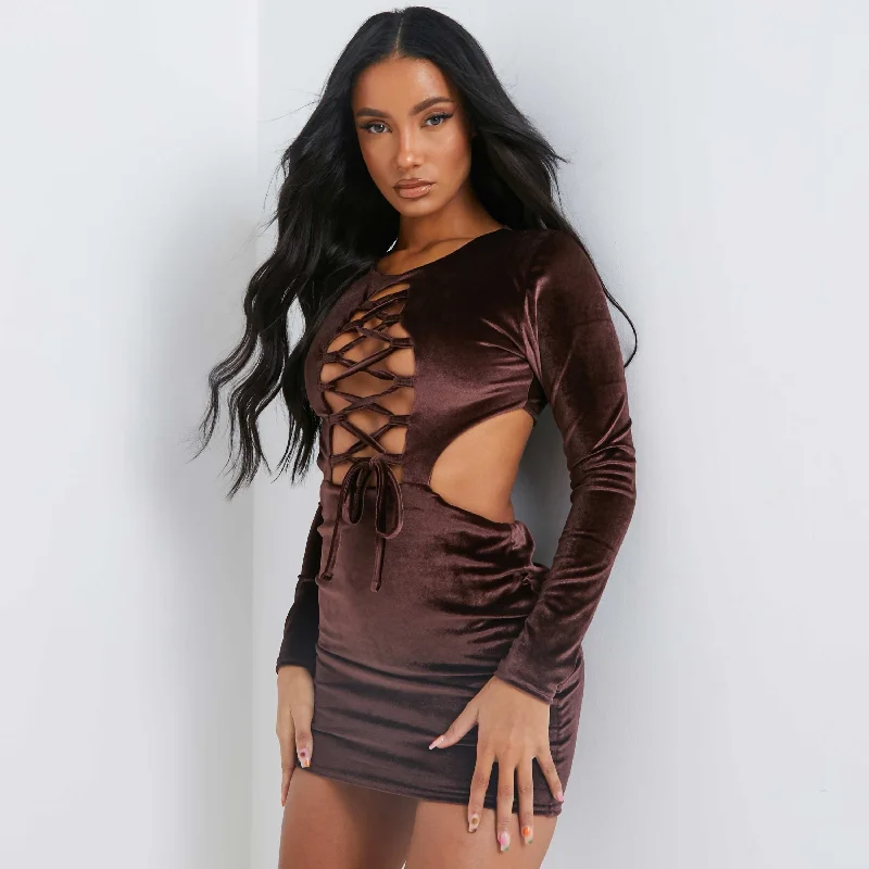 Lace Up Mini Dress In Dark Brown Velvet