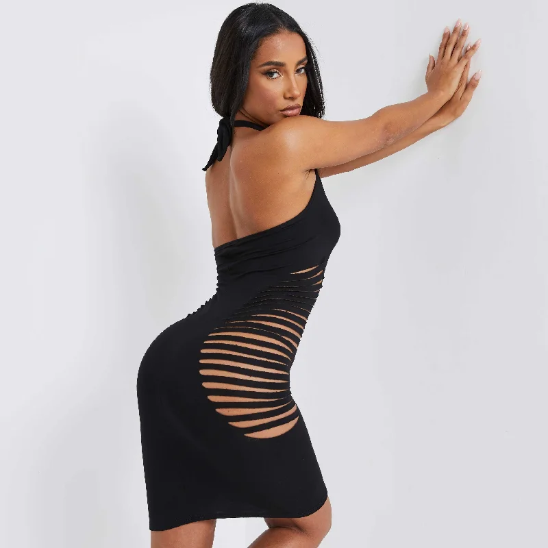 Laser Cut Out Mini Dress In Black