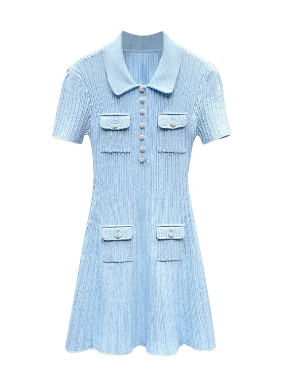 O240017 Short Sleeve Knitted Mini Dress *Blue