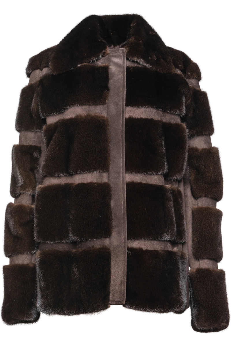 Horizontal Mahogany Mink Lodge Fur Jacket - Suede Inserts