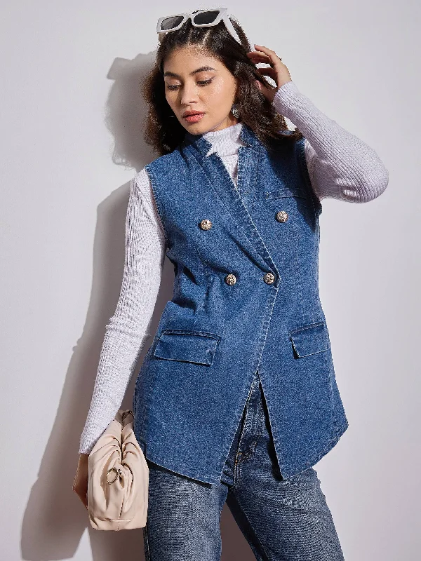 Women Blue Denim Flap Pocket Sleeveless Jacket