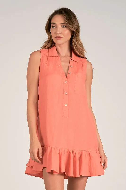 Sleeveless V-Neck Mini Dress with Collar - Coral