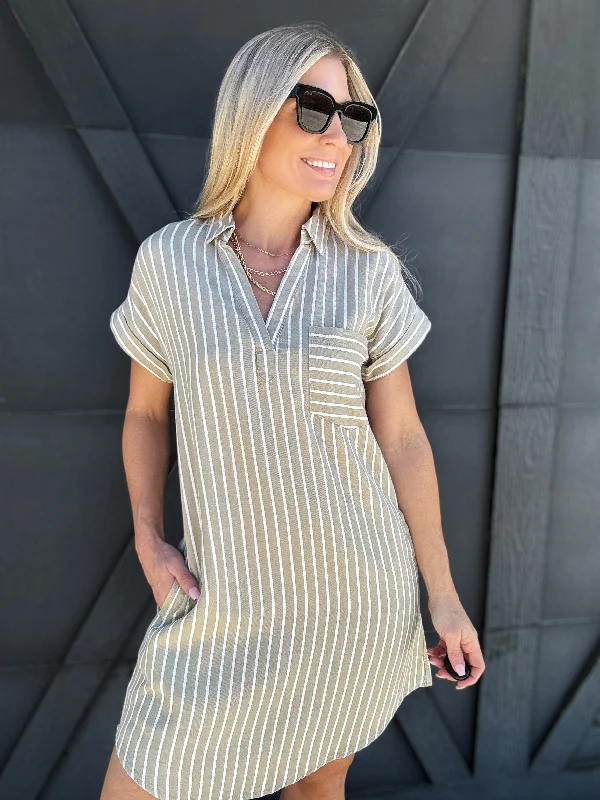 Striped Collared Mini Dress In Olive