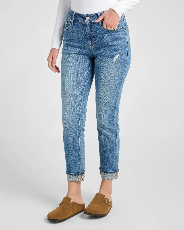 Mid Rise Cuffed Slim Straight Leg Jeans