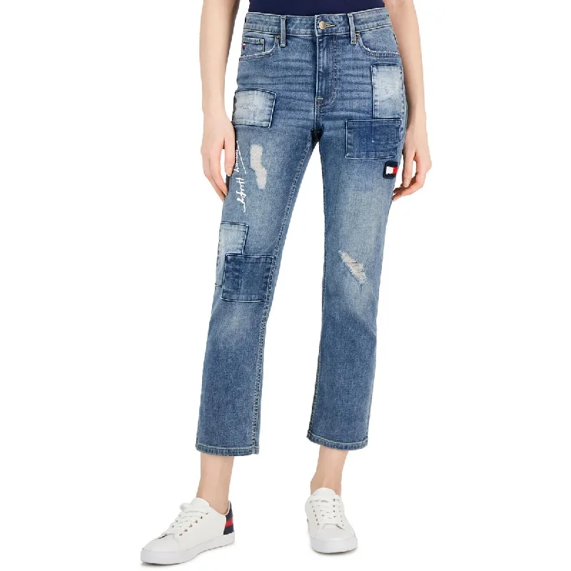 Womens Patchwork Distressed Ankle Jeans