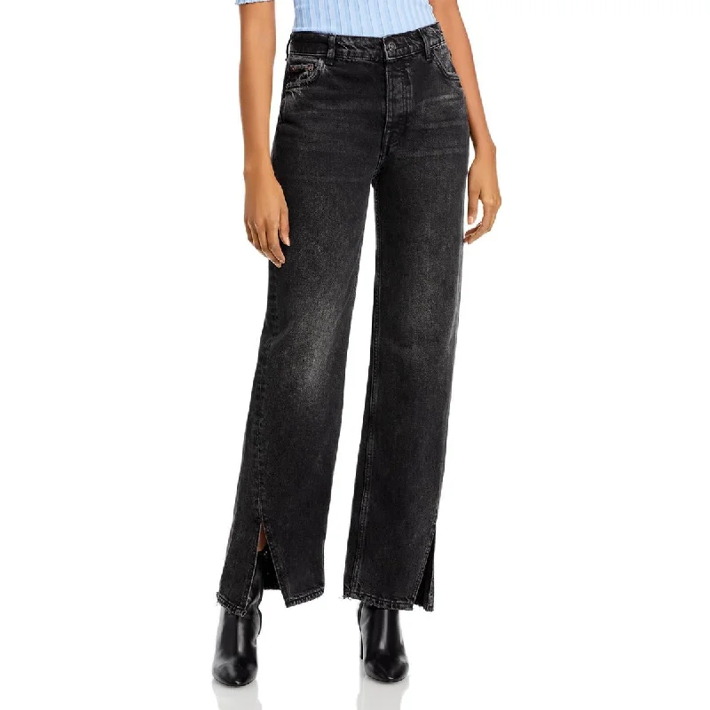 Free People Womens Button Fly Front Slit Straight Leg Jeans