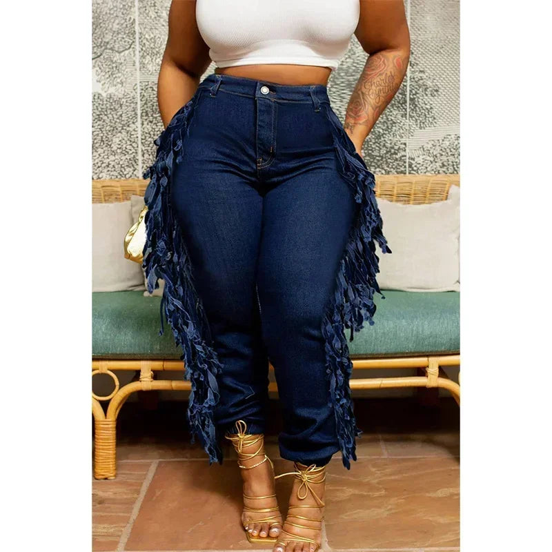 Plus Size Daily Jeans Denim Fringe Fashion Cargo Jeans High Waist Denim Trousers