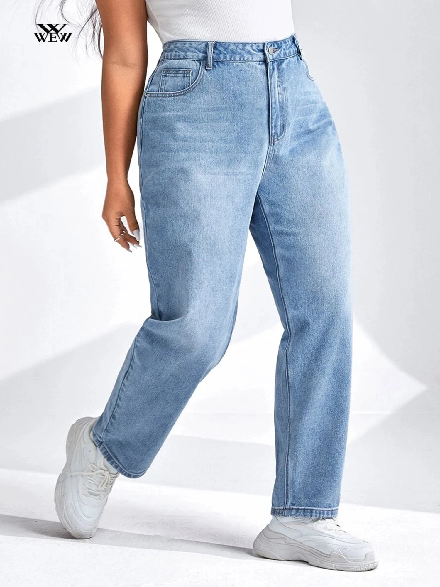 Plus Size Harem Light Blue Jeans High Waist Stretchy Full Length Slim Fitting Tapered