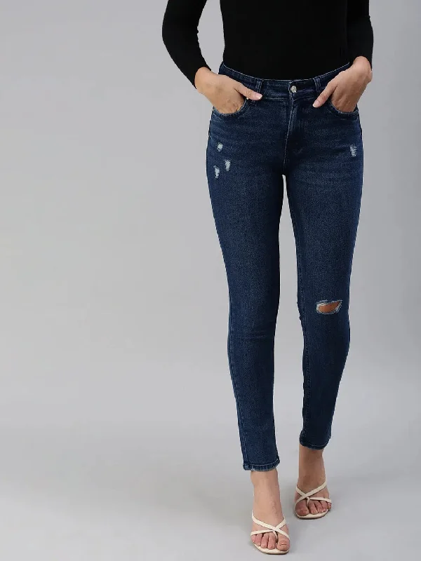 Women's Blue Solid Denim Slim Jeans-GZ-5144-Blue