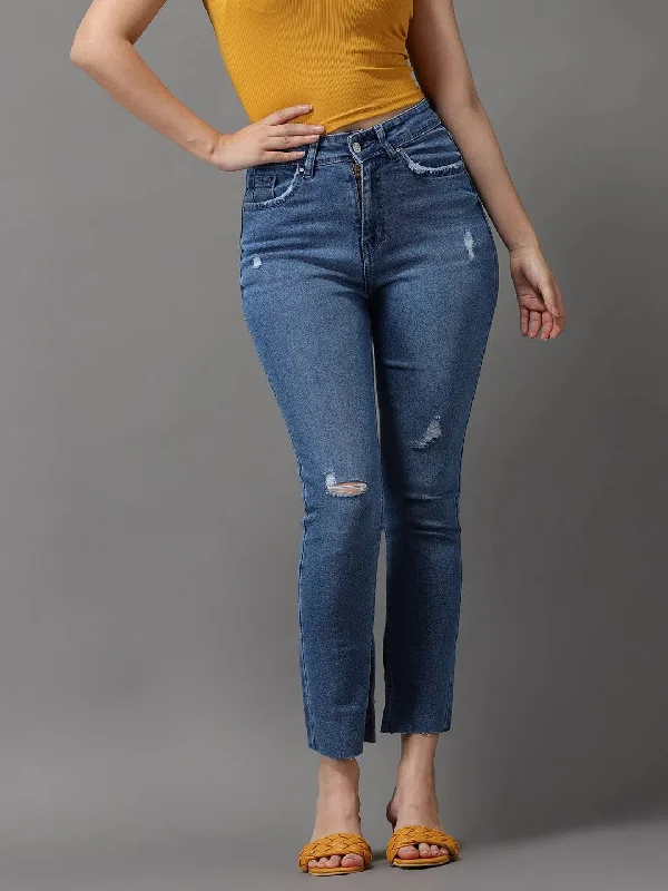 Women's Blue Solid Slim Fit Denim Jeans-GZ-5180-1-Blue