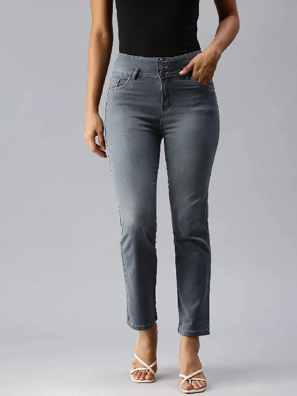 Women's Grey Solid Straight Fit Denim Jeans-SF-15903-3-Grey