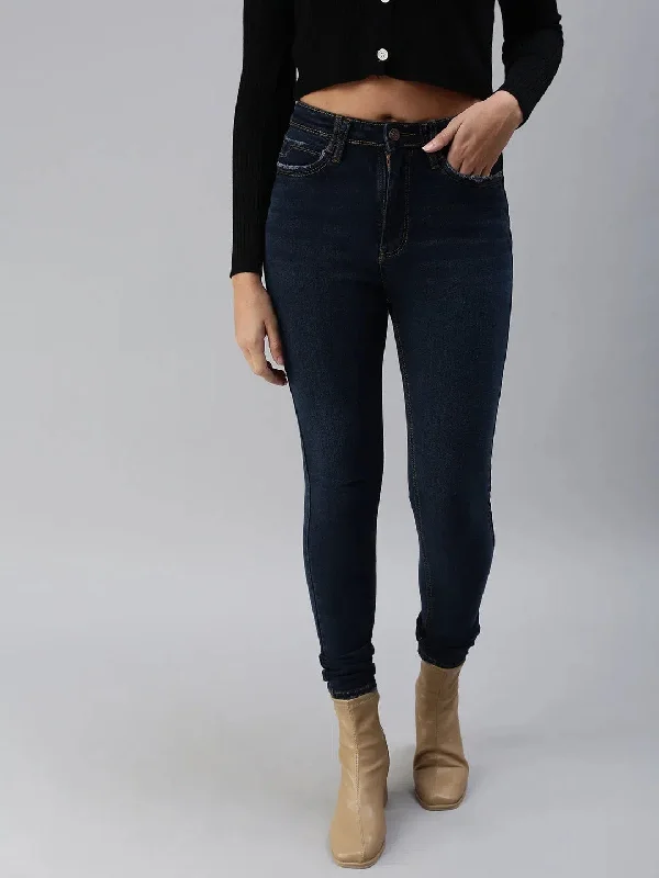 Women's Navy Blue Solid Denim Slim Jeans-GZ-5158-Navyblue