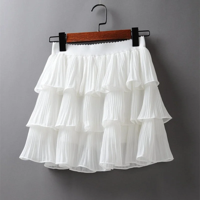 2020 Summer Women Elasticity Waist Mini Skirt Ladies Chiffon Skirt Ladies Casual Cake Skirts Black White Femme Pleated Skirts