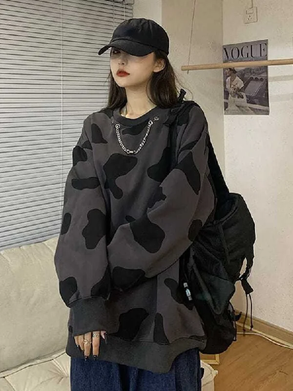 Harajuku Cow Print Hoodies Women Hip Hop Goth Oversize Sweatshirts Loose Casual Long Sleeve Thin Tops Streetwear Grunge