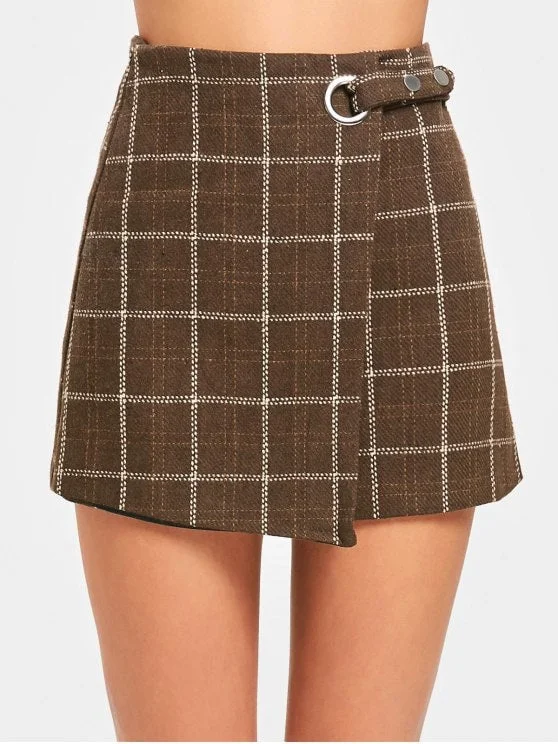 Fashion High Waist Embellished Checked Mini Skirt