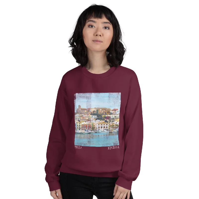 Ibiza Town Photo Print Women's Sweatshirt Burgundy