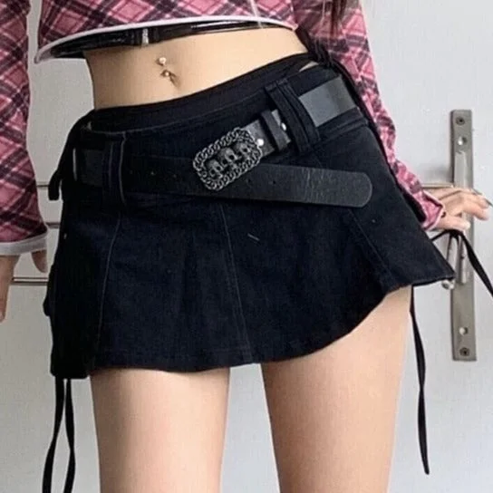 Low Waist Mini Solid Black Punk Denim Skirt Black or White