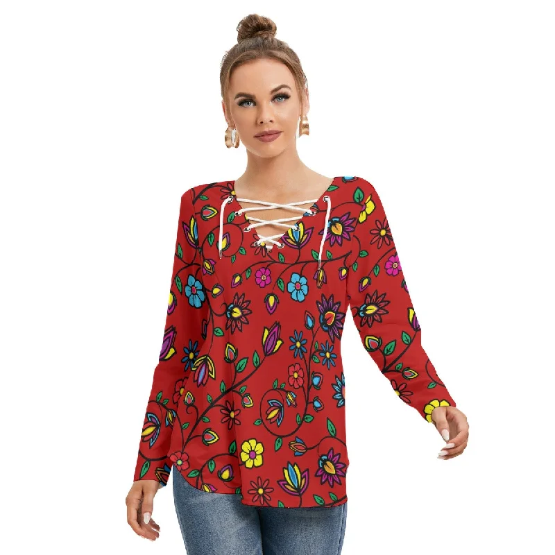 Nature's Nexus Red Women's Long Sleeve Neckline Tie Sweatshirt