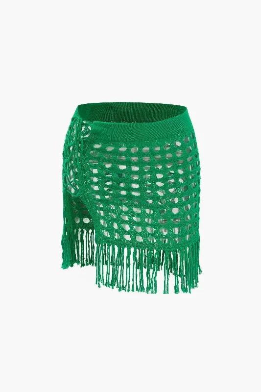 Openwork Knit Fringe Mini Skirt