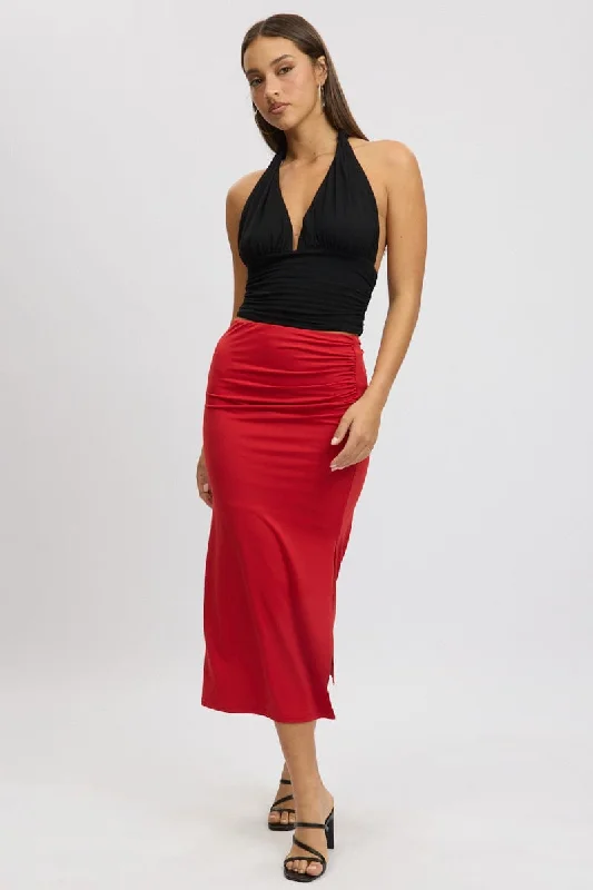 Red Midaxi Skirt High Rise Ruched Lined Supersoft