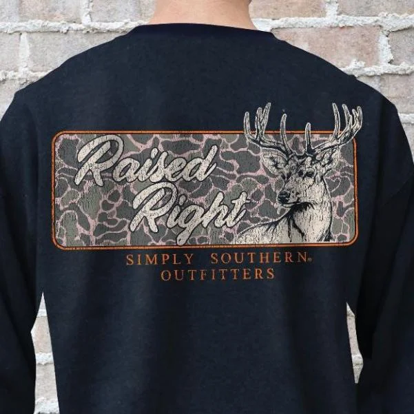 Simply Southern Raised Right Camouflage Deer Crew Sweatshirt