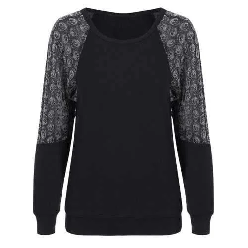 Stylish Skulls Spliced Raglan Sleeve Pullover Sweatshirt For Women - Black Xl