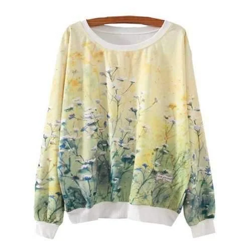 Ocean Of Flowers Print Loose Sweatshirt - Light Yellow L