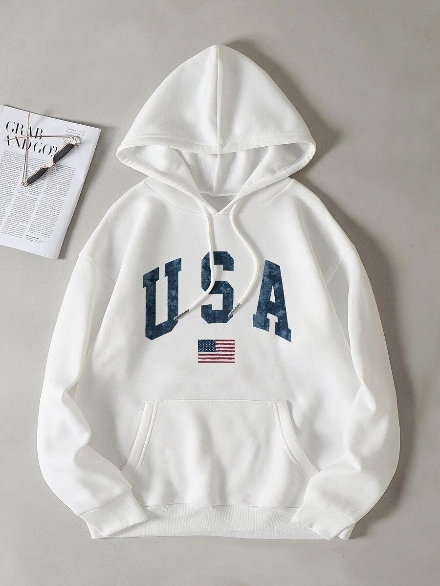 USA Flag Print Drawstring Thermal Lined Hoodie