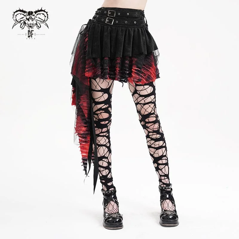 Women's Gothic Eyelets Mesh Irregular Hem Skirt Black Red