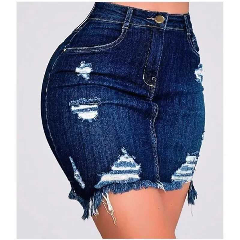 Women's Summer Ripped Hole Tassel Pencil Bodycon Mini Jeans Skirt